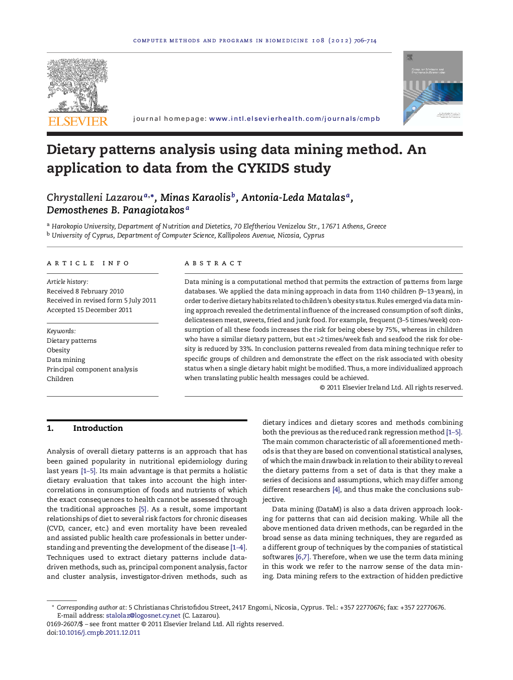 Dietary patterns analysis using data mining method. An application to data from the CYKIDS study