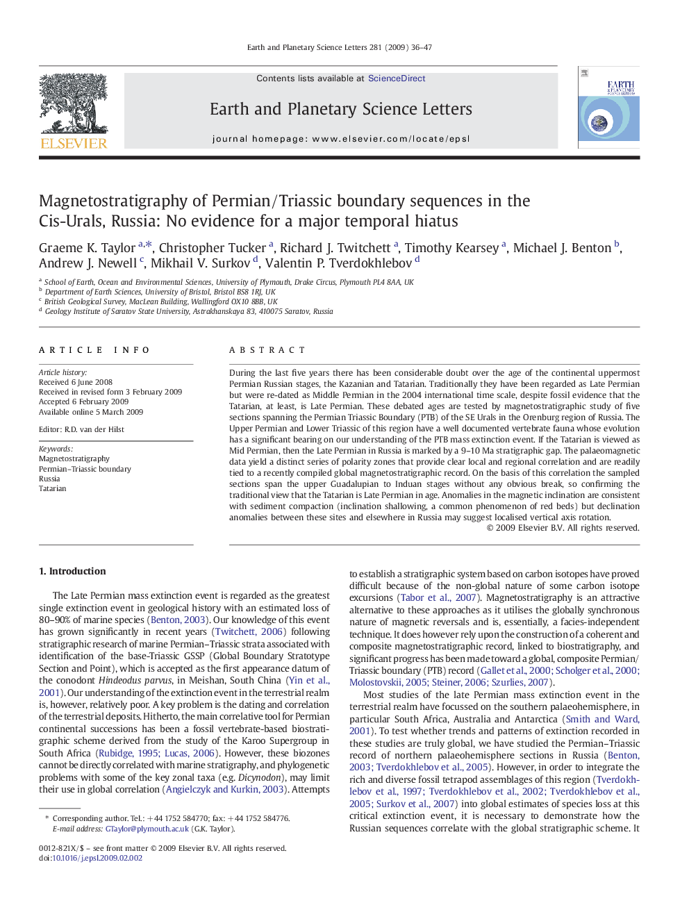 Magnetostratigraphy of Permian/Triassic boundary sequences in the Cis-Urals, Russia: No evidence for a major temporal hiatus