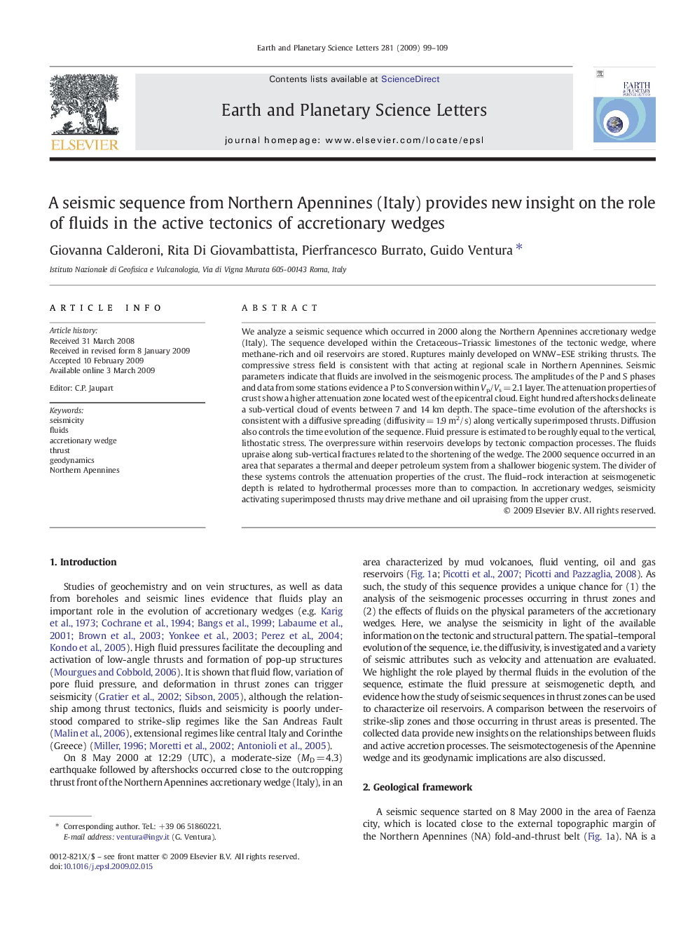 A seismic sequence from Northern Apennines (Italy) provides new insight on the role of fluids in the active tectonics of accretionary wedges