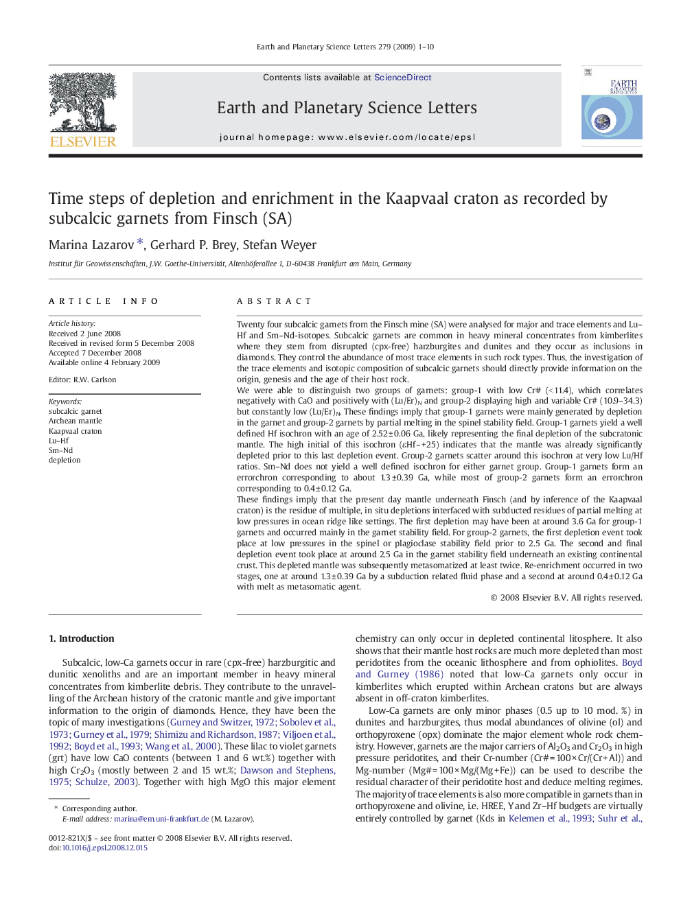 Time steps of depletion and enrichment in the Kaapvaal craton as recorded by subcalcic garnets from Finsch (SA)