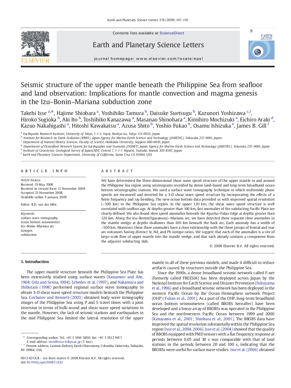 Seismic structure of the upper mantle beneath the Philippine Sea from seafloor and land observation: Implications for mantle convection and magma genesis in the Izu–Bonin–Mariana subduction zone