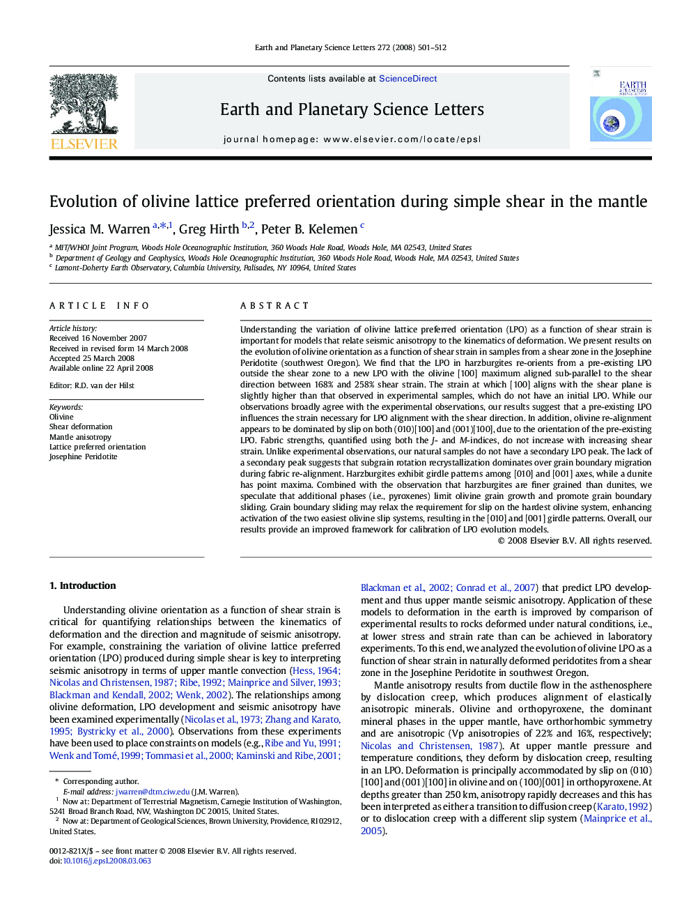 Evolution of olivine lattice preferred orientation during simple shear in the mantle