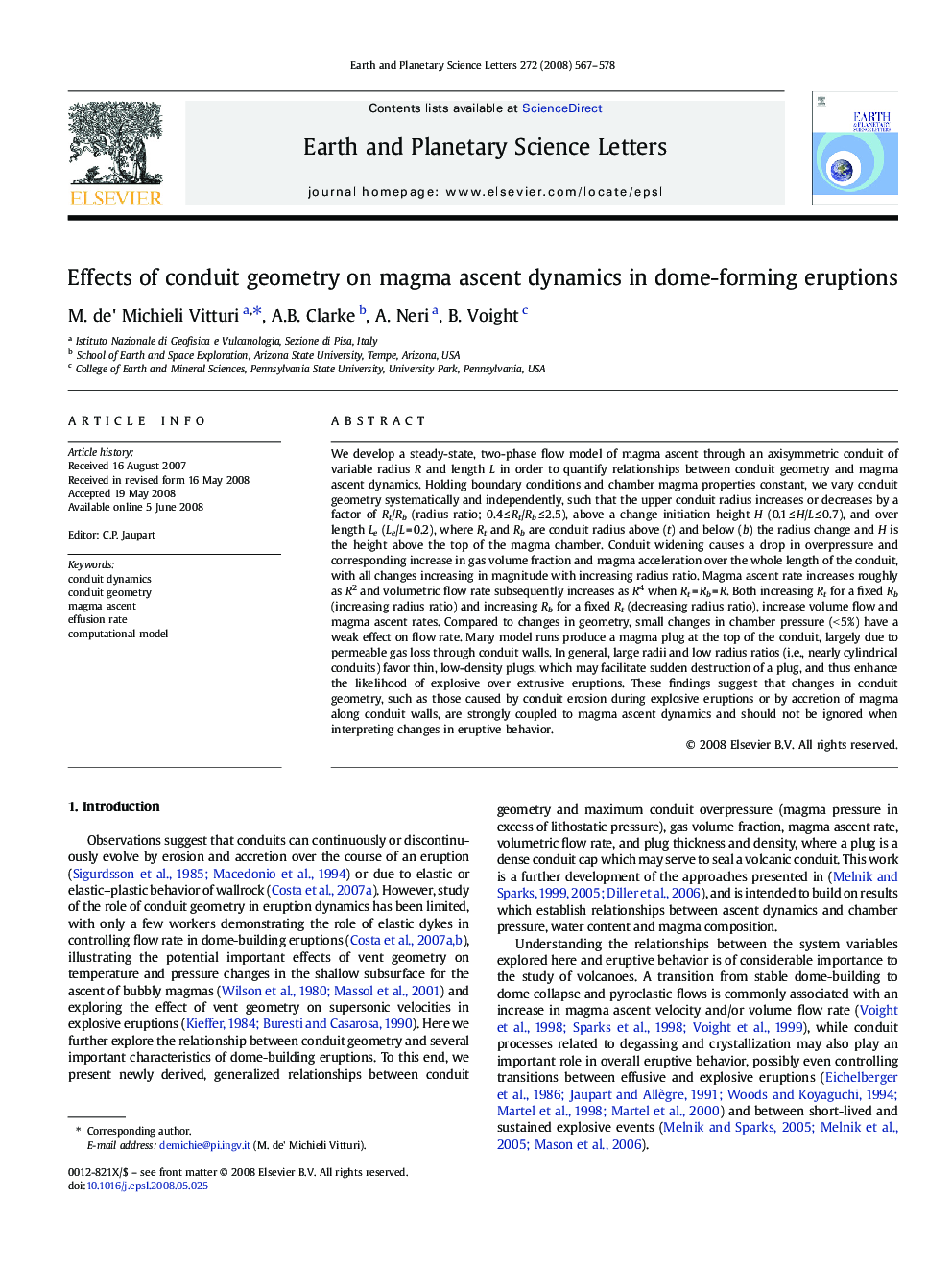 عکس صفحه اول مقاله: Effects of conduit geometry on magma ascent dynamics in dome-forming eruptions Effects of conduit geometry on magma ascent dynamics in dome-forming eruptions