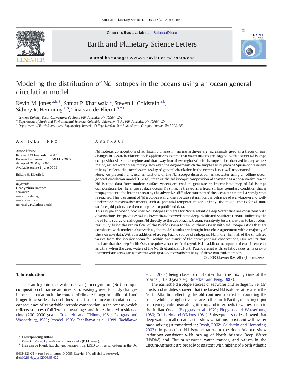 Modeling the distribution of Nd isotopes in the oceans using an ocean general circulation model