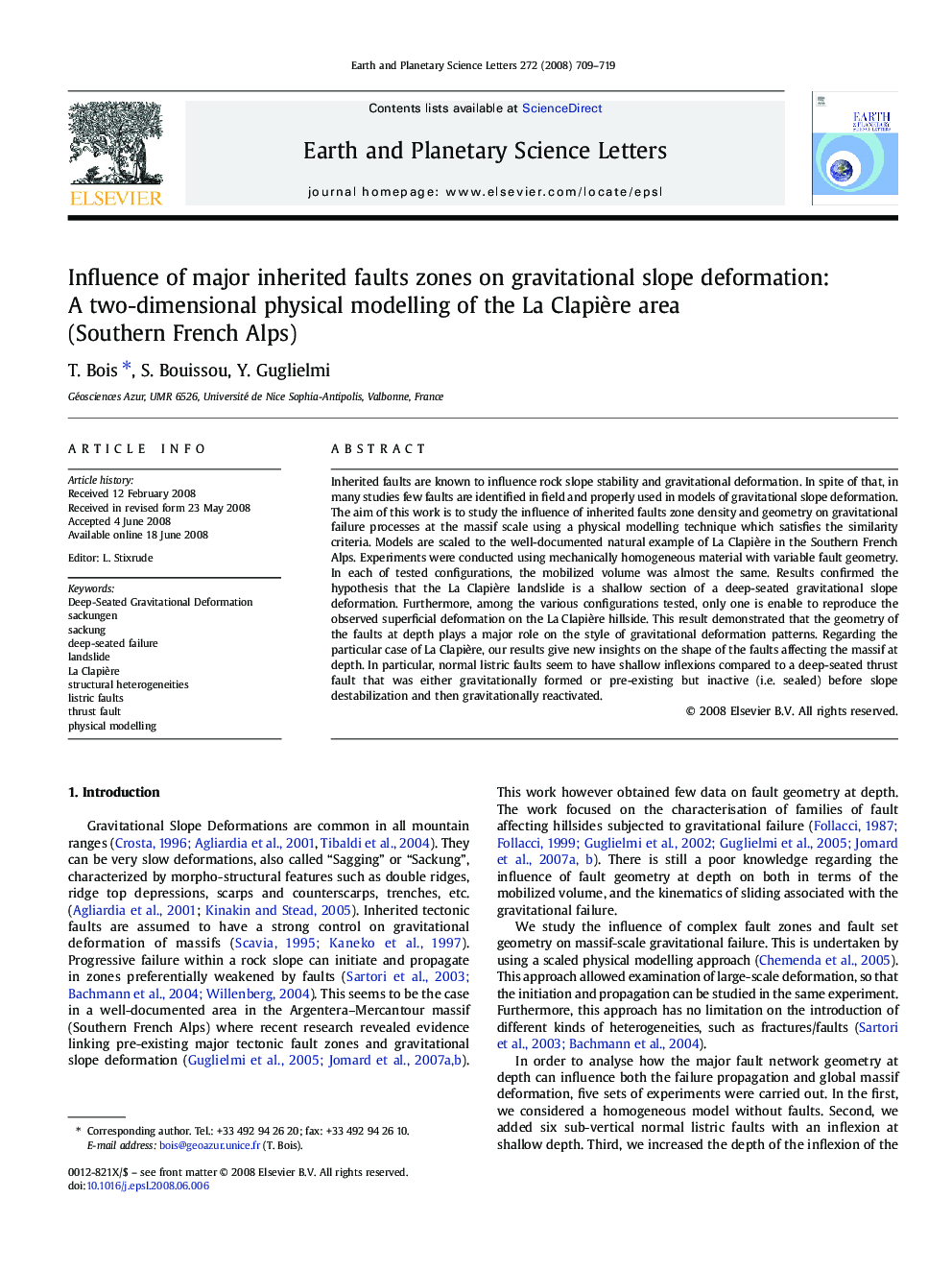 Influence of major inherited faults zones on gravitational slope deformation: A two-dimensional physical modelling of the La Clapière area (Southern French Alps)