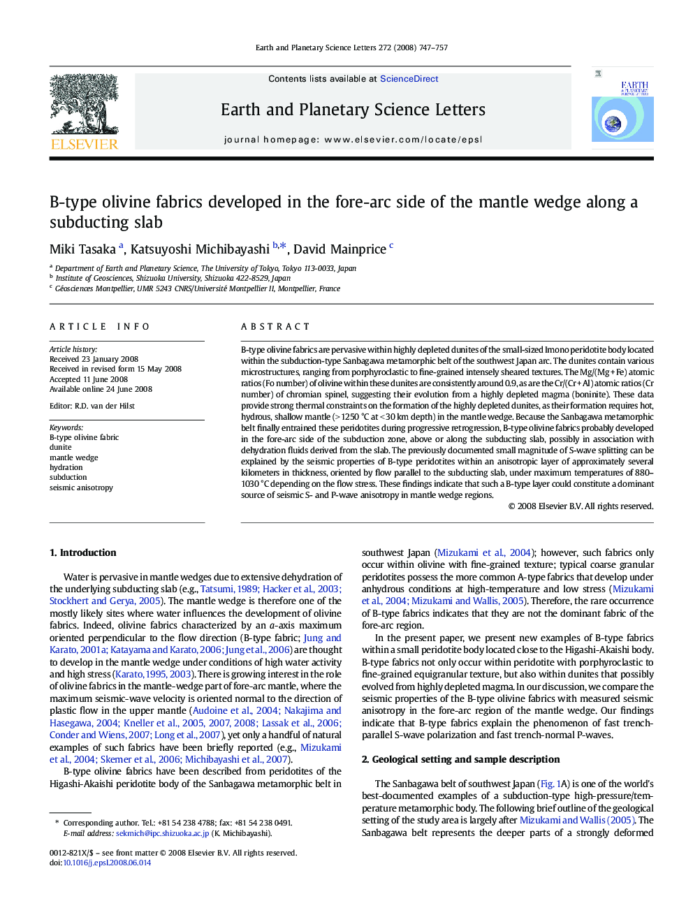 B-type olivine fabrics developed in the fore-arc side of the mantle wedge along a subducting slab