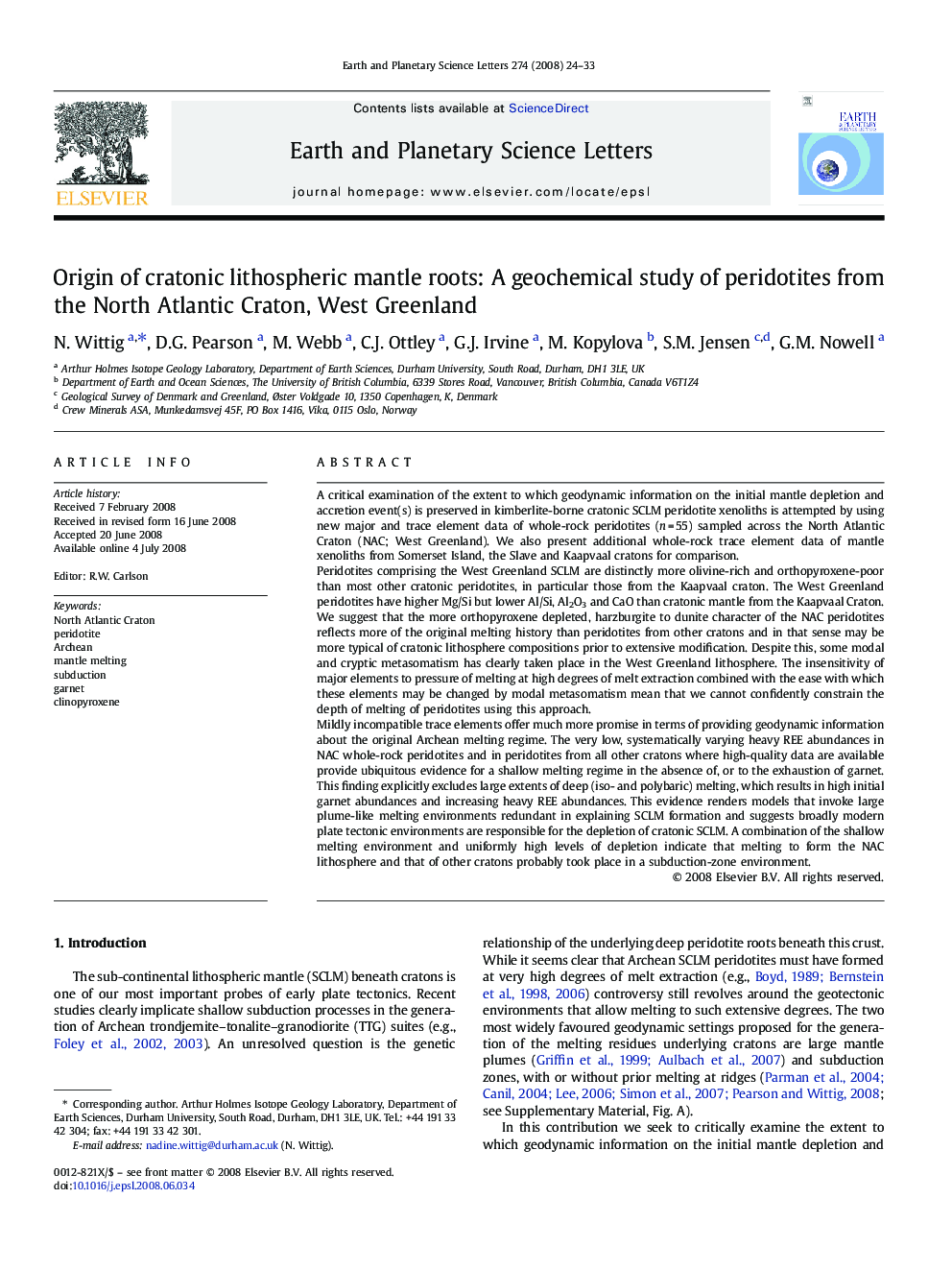 Origin of cratonic lithospheric mantle roots: A geochemical study of peridotites from the North Atlantic Craton, West Greenland