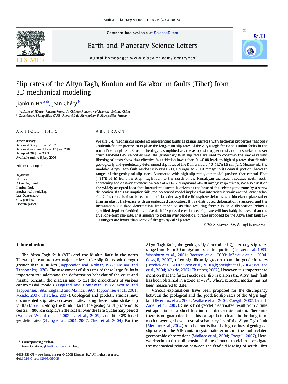 Slip rates of the Altyn Tagh, Kunlun and Karakorum faults (Tibet) from 3D mechanical modeling