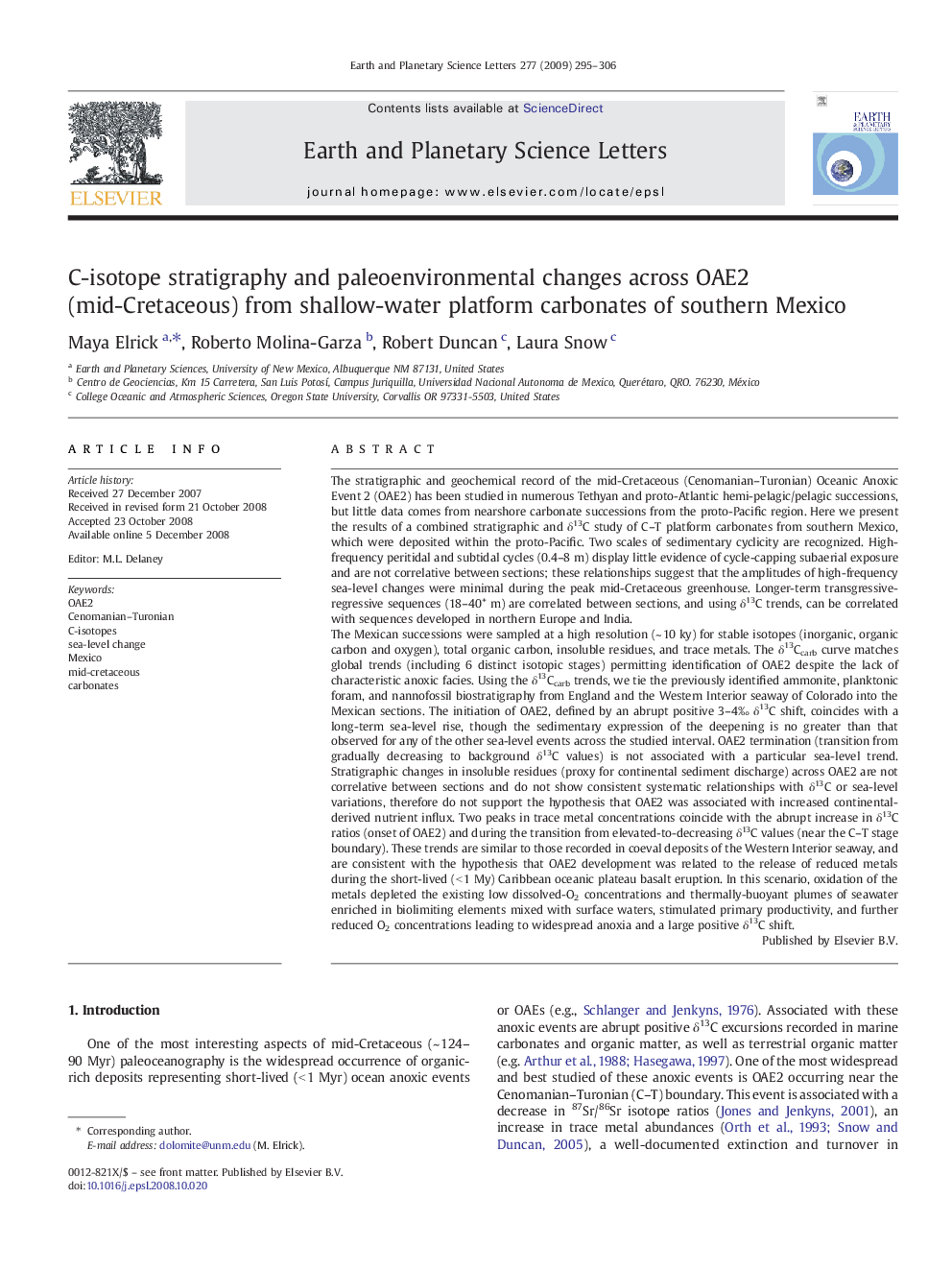 C-isotope stratigraphy and paleoenvironmental changes across OAE2 (mid-Cretaceous) from shallow-water platform carbonates of southern Mexico