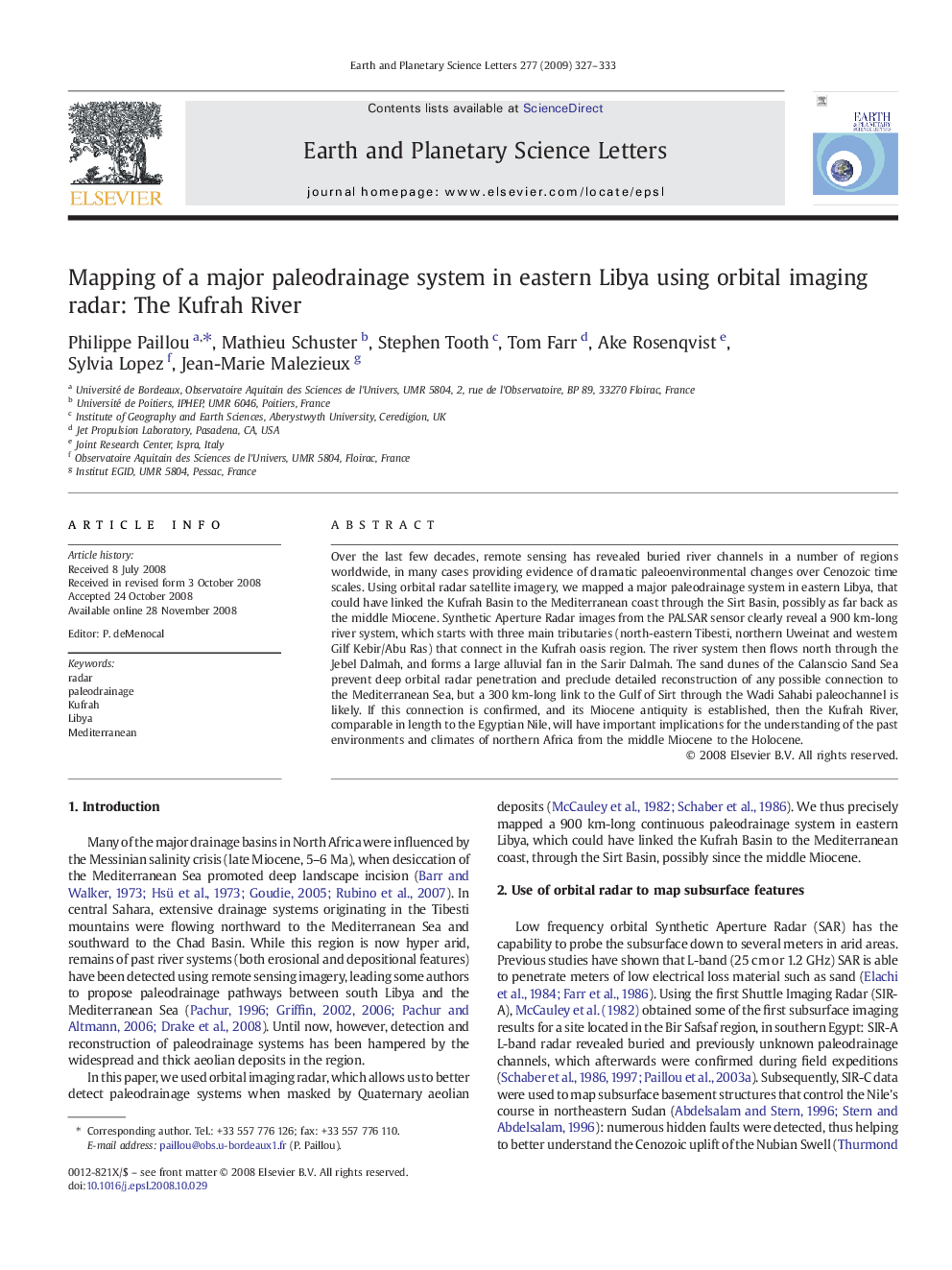 Mapping of a major paleodrainage system in eastern Libya using orbital imaging radar: The Kufrah River