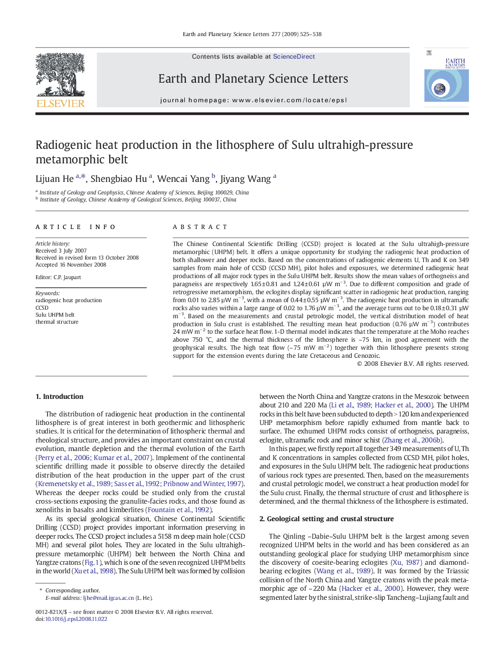 Radiogenic heat production in the lithosphere of Sulu ultrahigh-pressure metamorphic belt