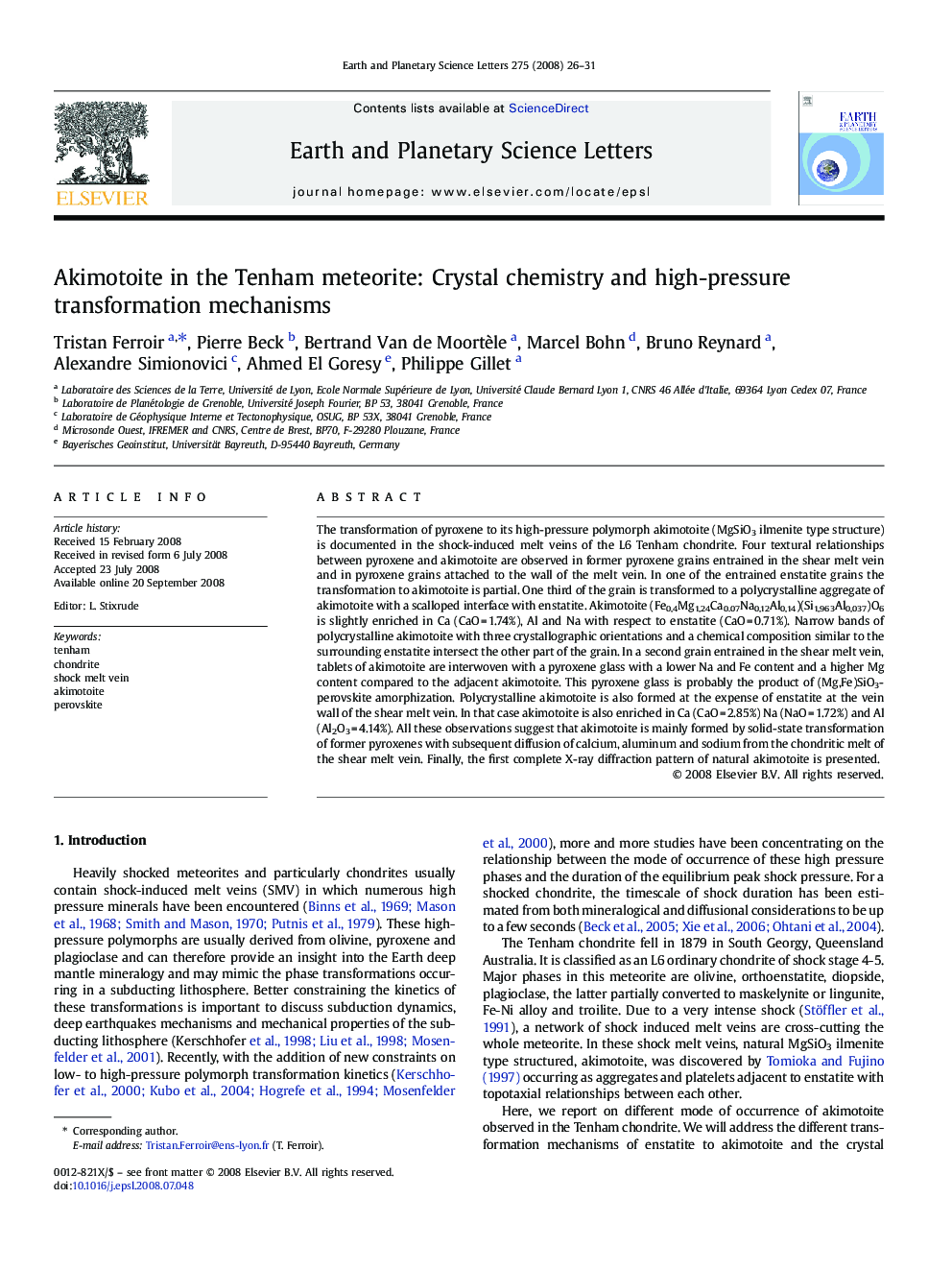 Akimotoite in the Tenham meteorite: Crystal chemistry and high-pressure transformation mechanisms