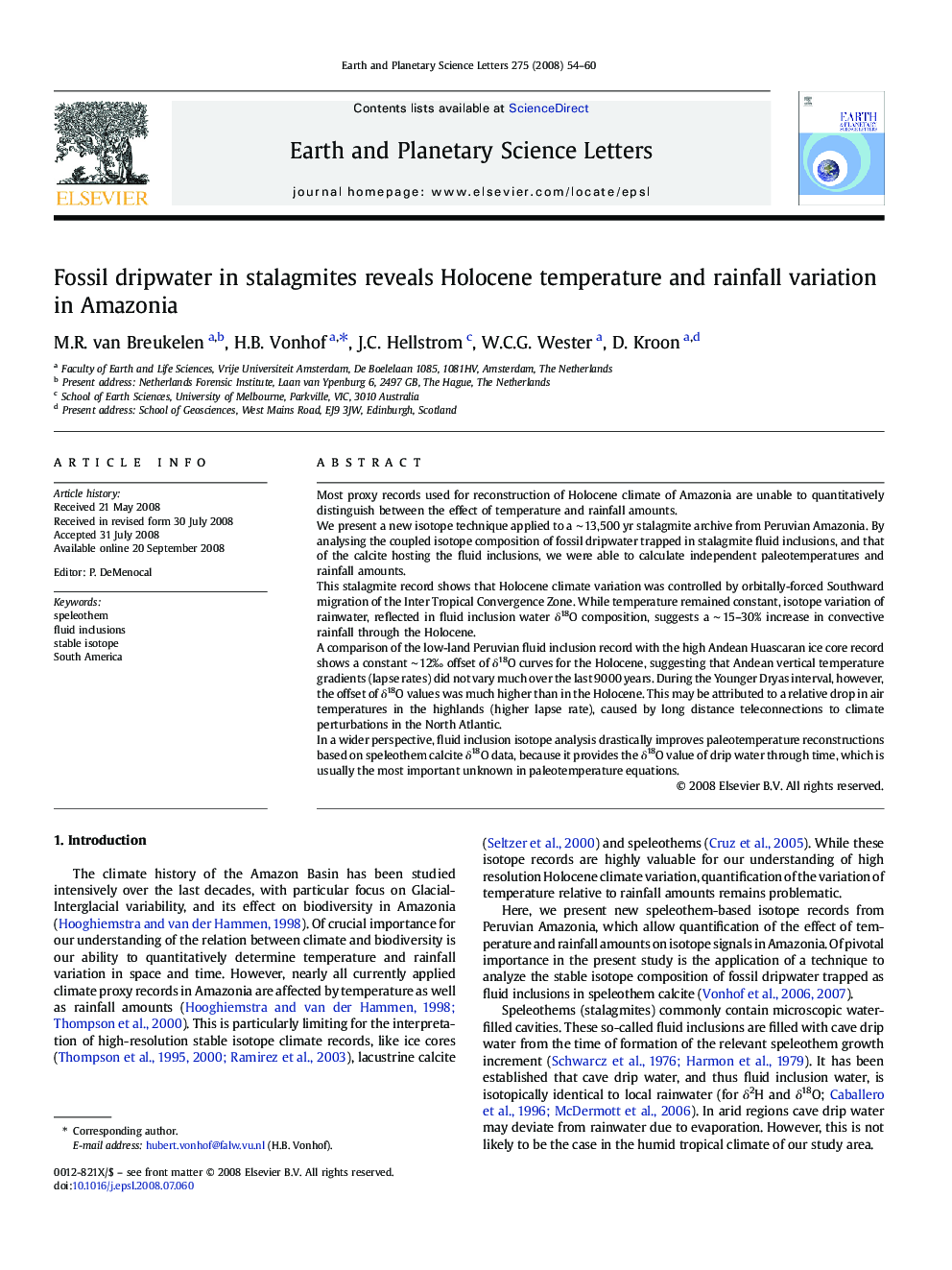 Fossil dripwater in stalagmites reveals Holocene temperature and rainfall variation in Amazonia