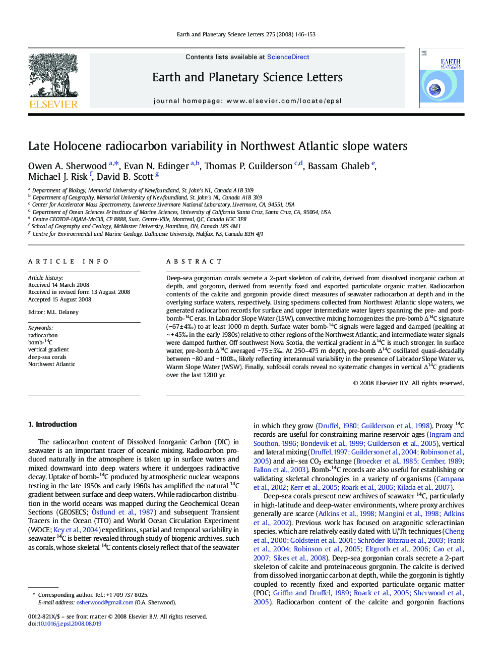 Late Holocene radiocarbon variability in Northwest Atlantic slope waters