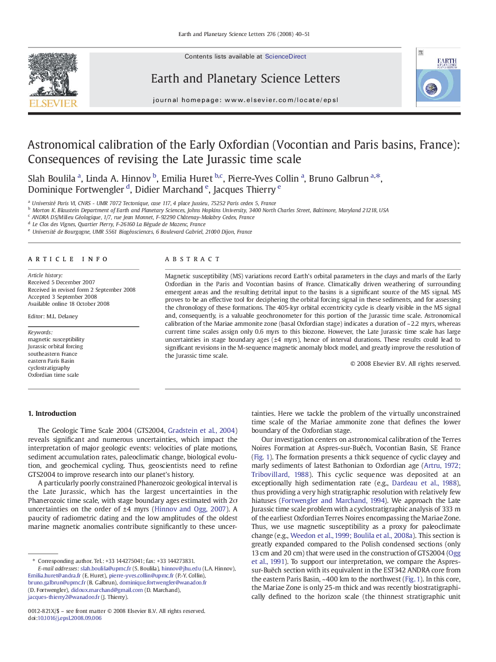 Astronomical calibration of the Early Oxfordian (Vocontian and Paris basins, France): Consequences of revising the Late Jurassic time scale