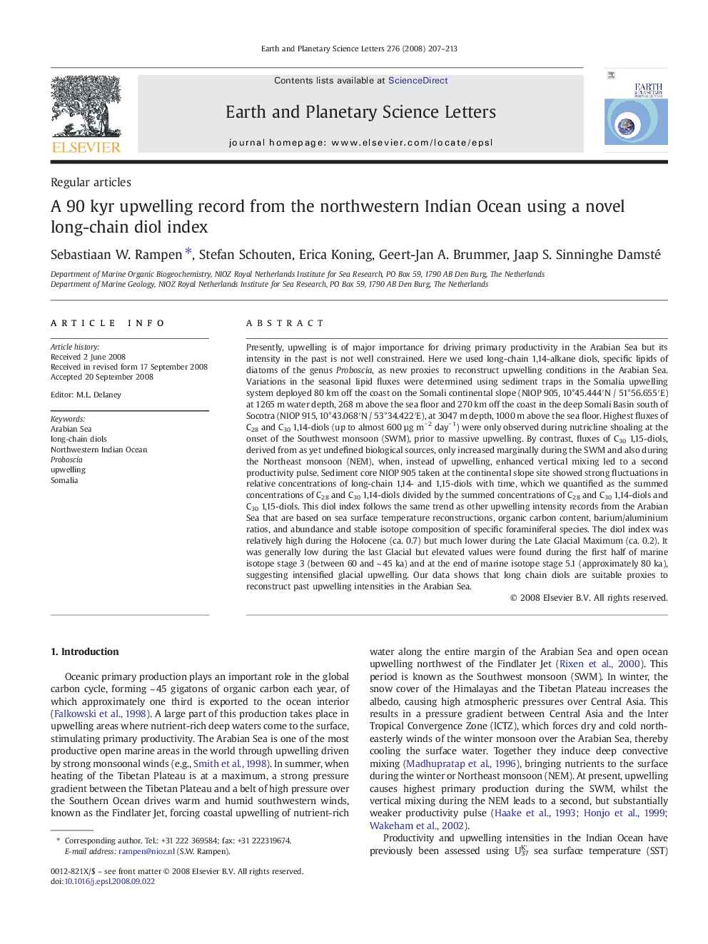 A 90Â kyr upwelling record from the northwestern Indian Ocean using a novel long-chain diol index