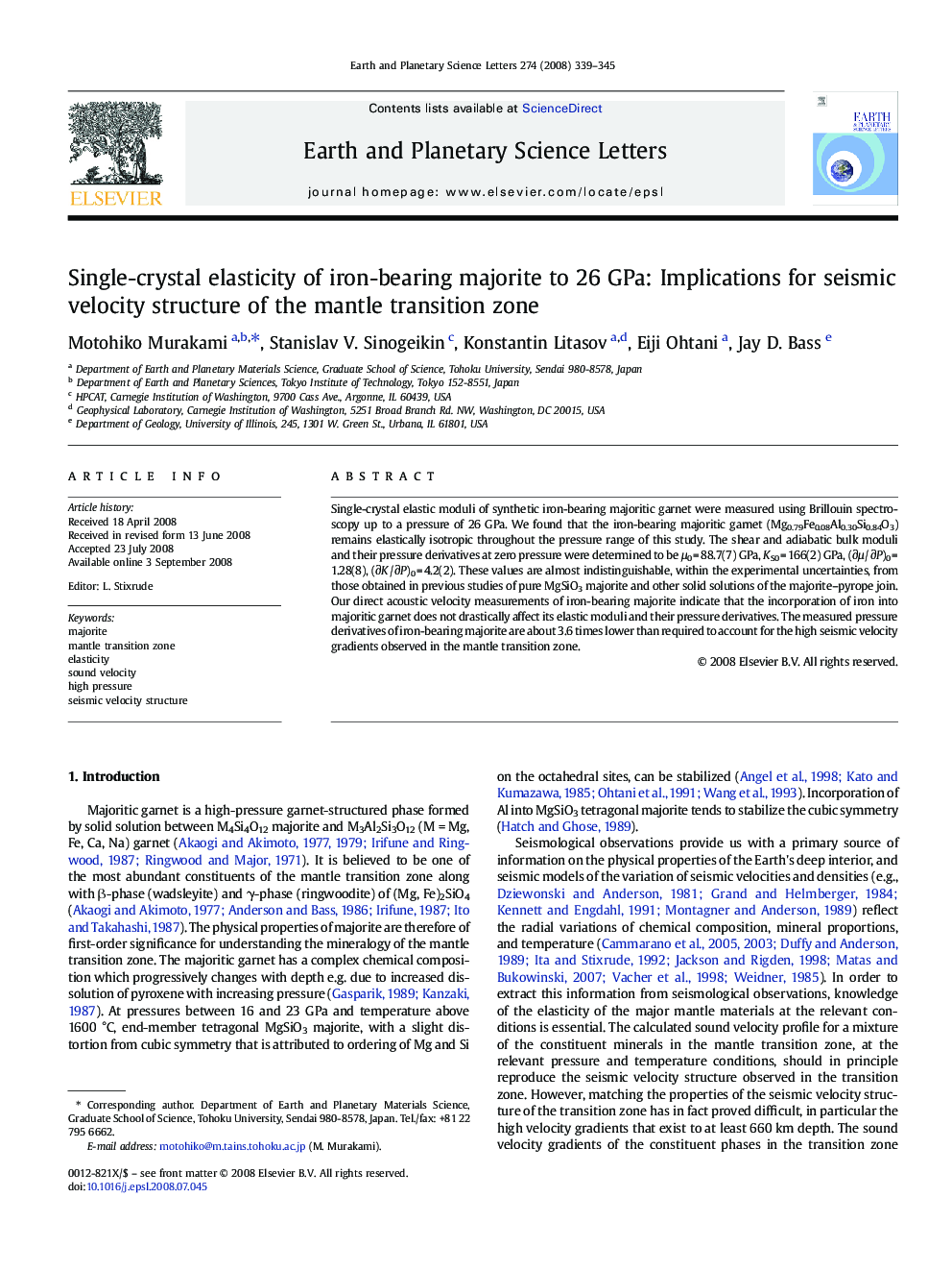 Single-crystal elasticity of iron-bearing majorite to 26 GPa: Implications for seismic velocity structure of the mantle transition zone