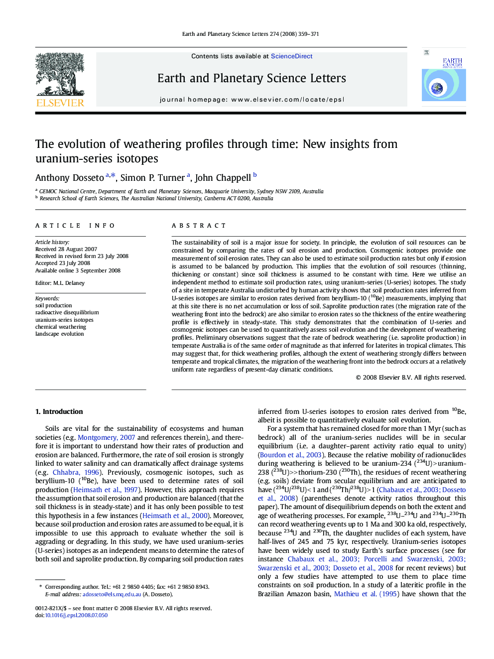 The evolution of weathering profiles through time: New insights from uranium-series isotopes