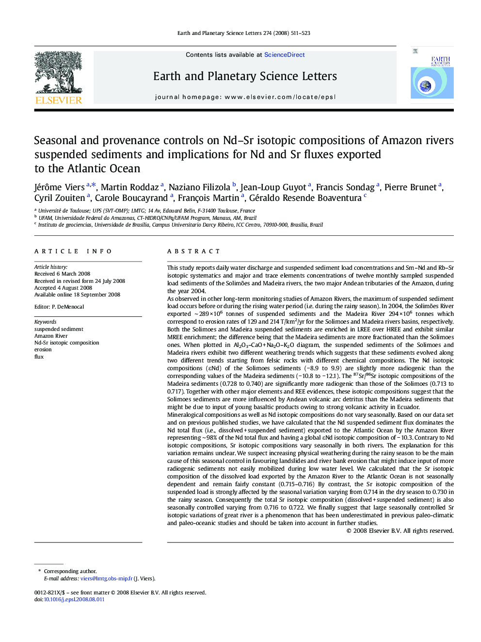 Seasonal and provenance controls on Nd–Sr isotopic compositions of Amazon rivers suspended sediments and implications for Nd and Sr fluxes exported to the Atlantic Ocean