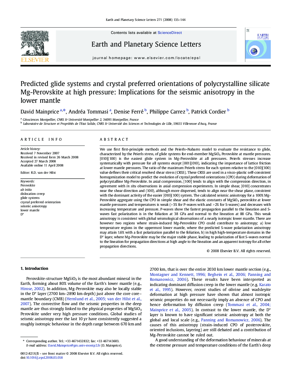 Predicted glide systems and crystal preferred orientations of polycrystalline silicate Mg-Perovskite at high pressure: Implications for the seismic anisotropy in the lower mantle