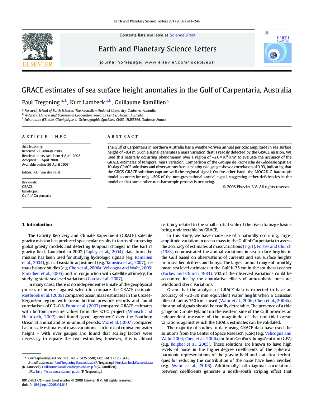 GRACE estimates of sea surface height anomalies in the Gulf of Carpentaria, Australia