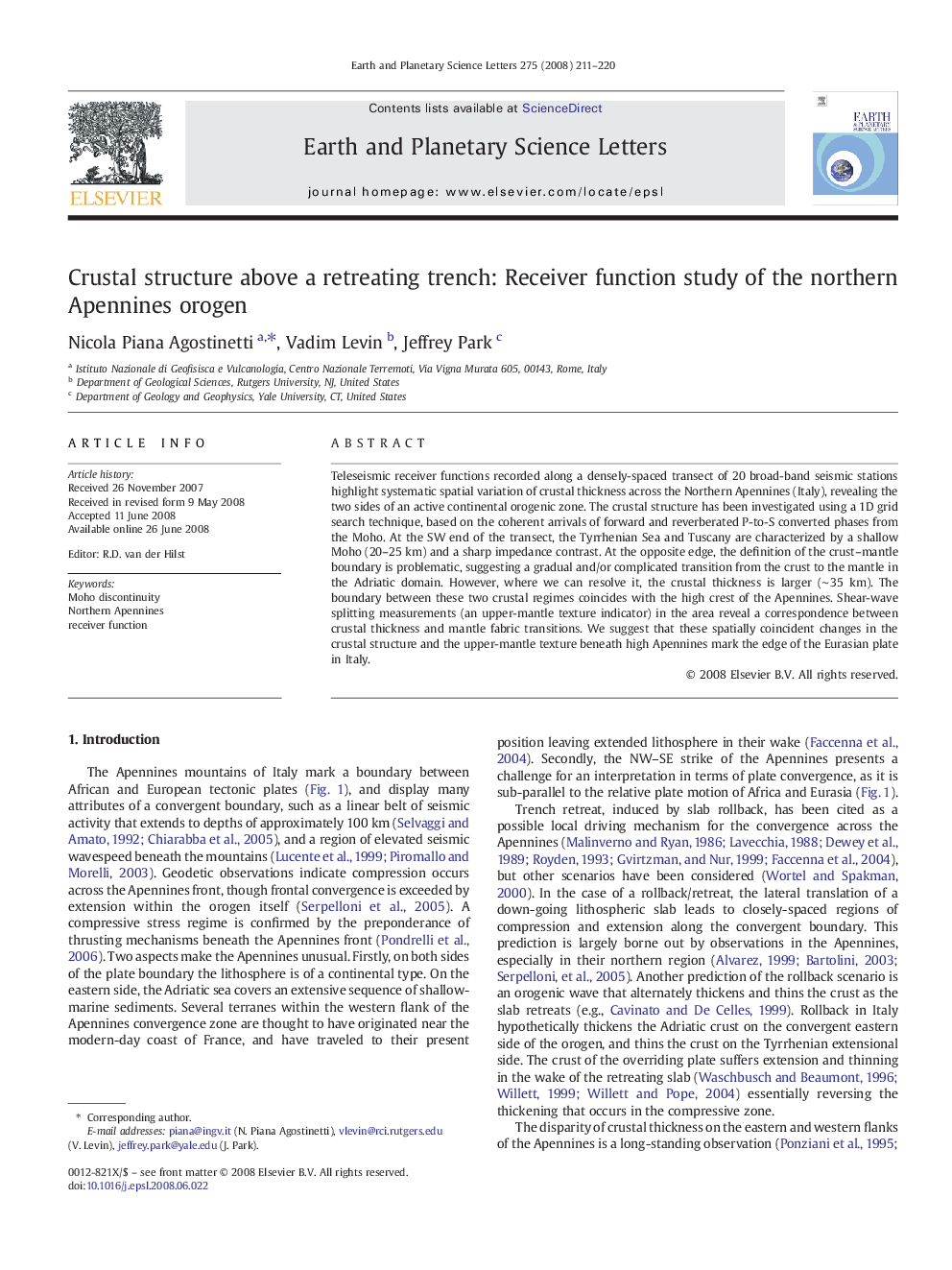 Crustal structure above a retreating trench: Receiver function study of the northern Apennines orogen