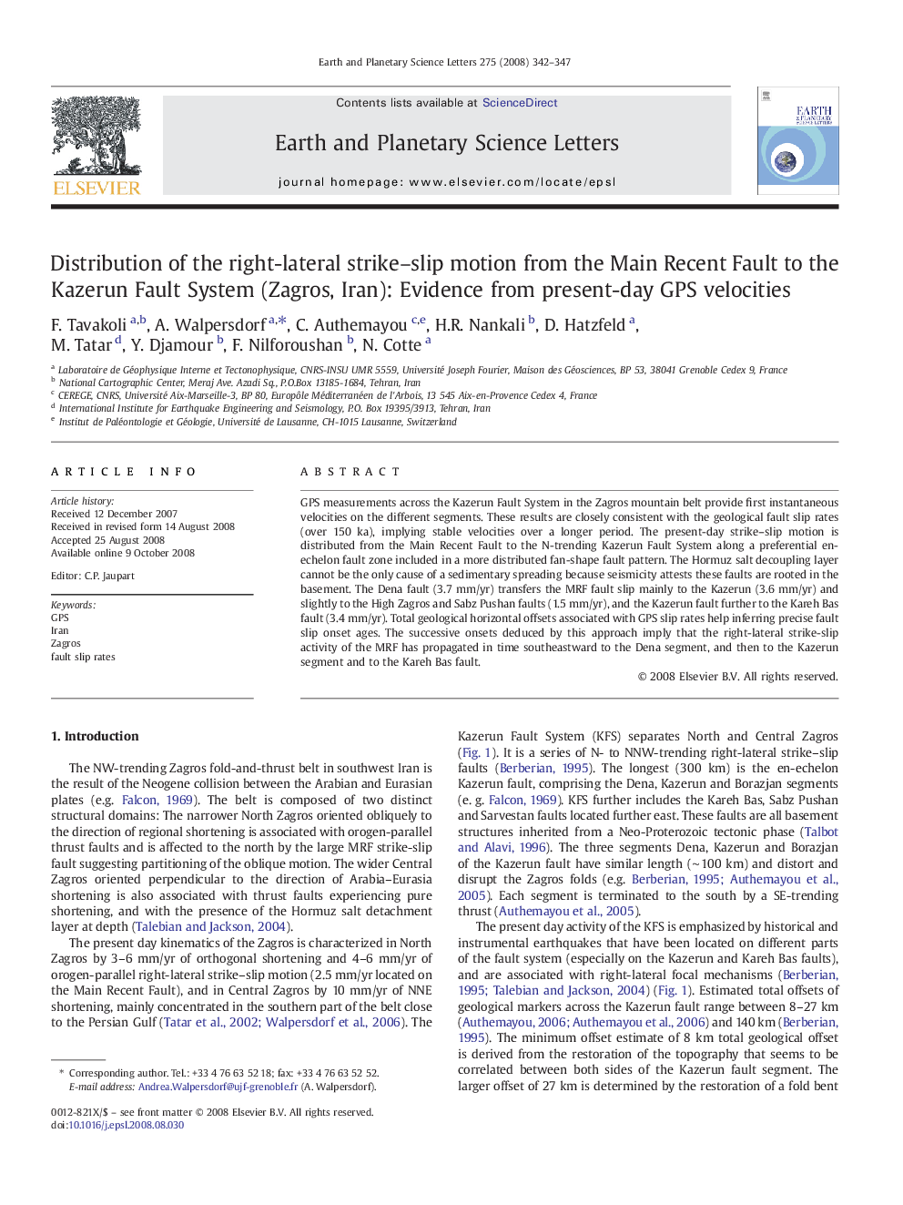 Distribution of the right-lateral strike–slip motion from the Main Recent Fault to the Kazerun Fault System (Zagros, Iran): Evidence from present-day GPS velocities