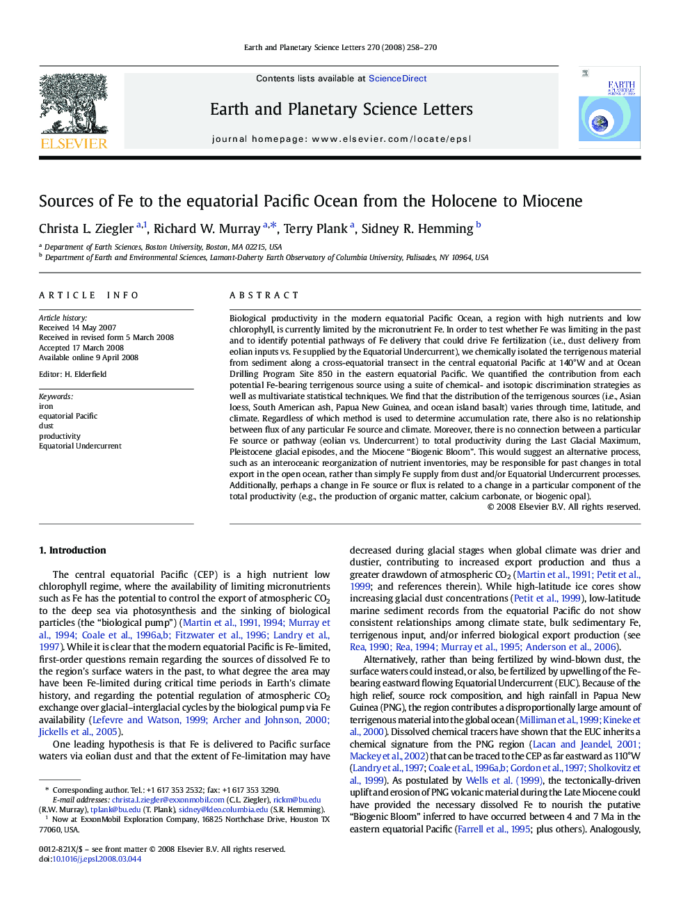 Sources of Fe to the equatorial Pacific Ocean from the Holocene to Miocene