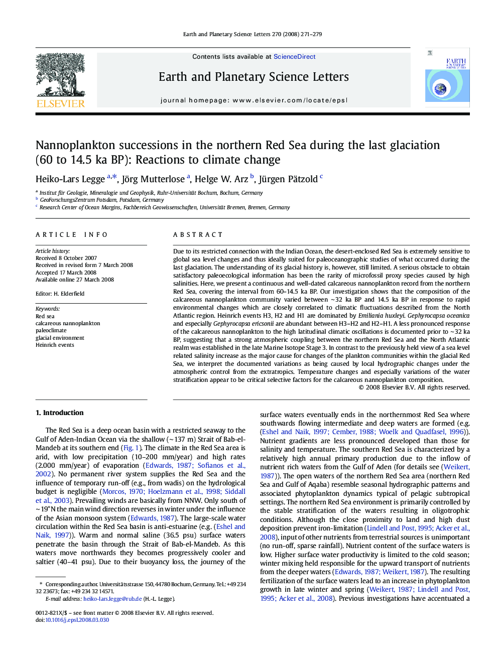 Nannoplankton successions in the northern Red Sea during the last glaciation (60 to 14.5Â ka BP): Reactions to climate change