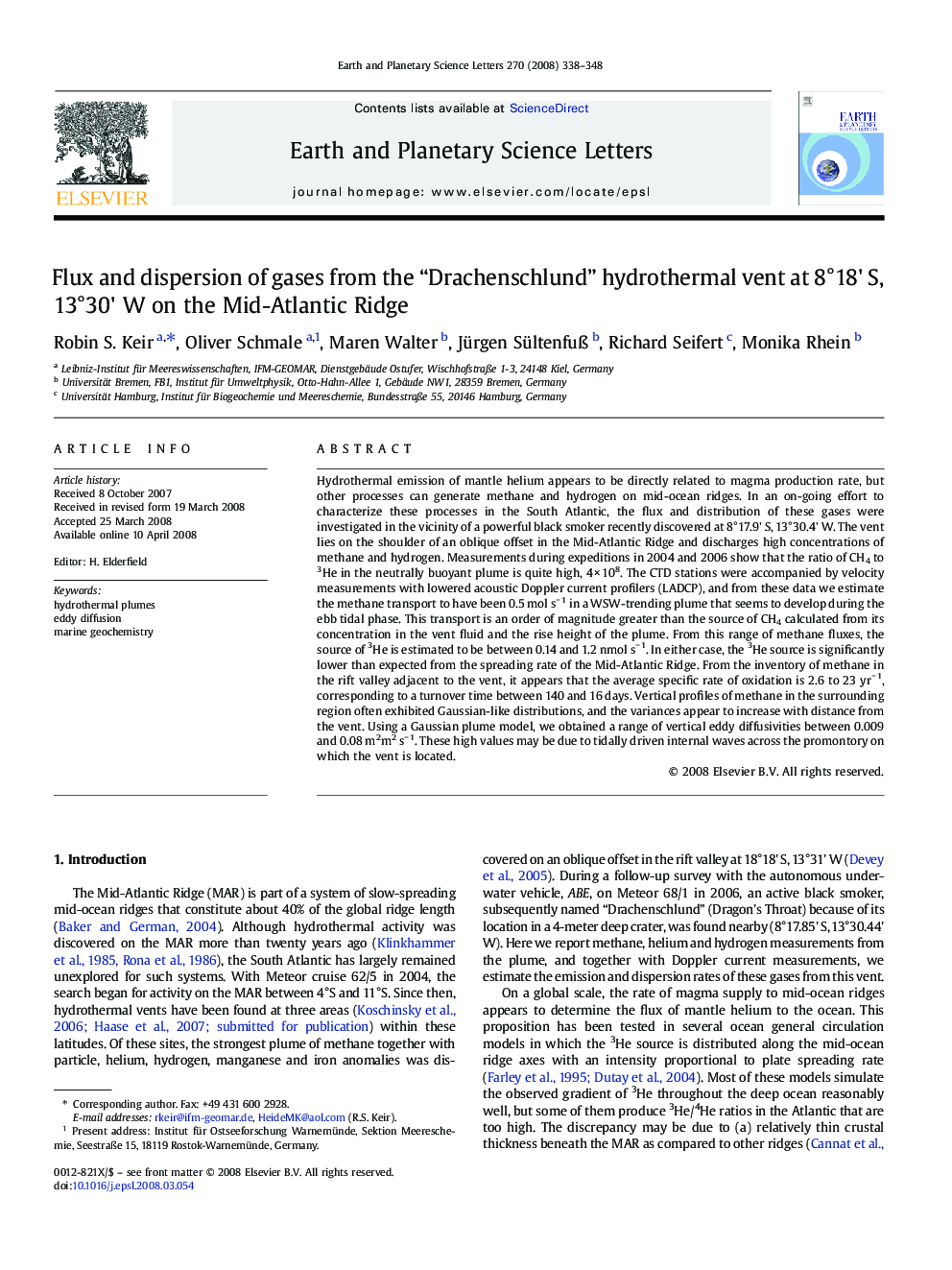 Flux and dispersion of gases from the “Drachenschlund” hydrothermal vent at 8°18' S, 13°30' W on the Mid-Atlantic Ridge