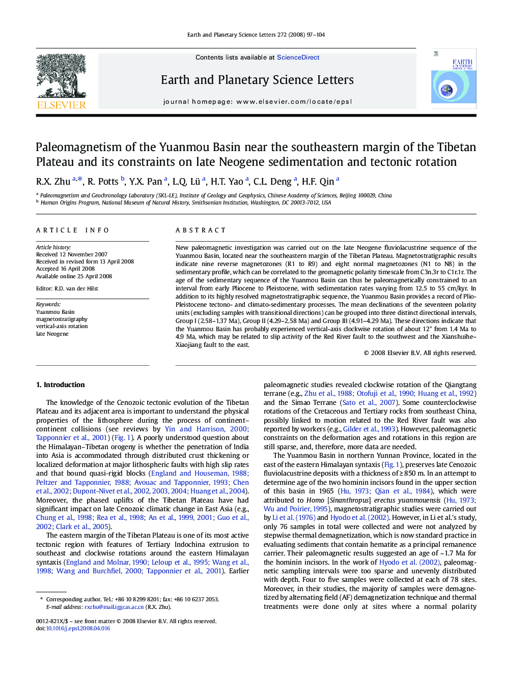 Paleomagnetism of the Yuanmou Basin near the southeastern margin of the Tibetan Plateau and its constraints on late Neogene sedimentation and tectonic rotation