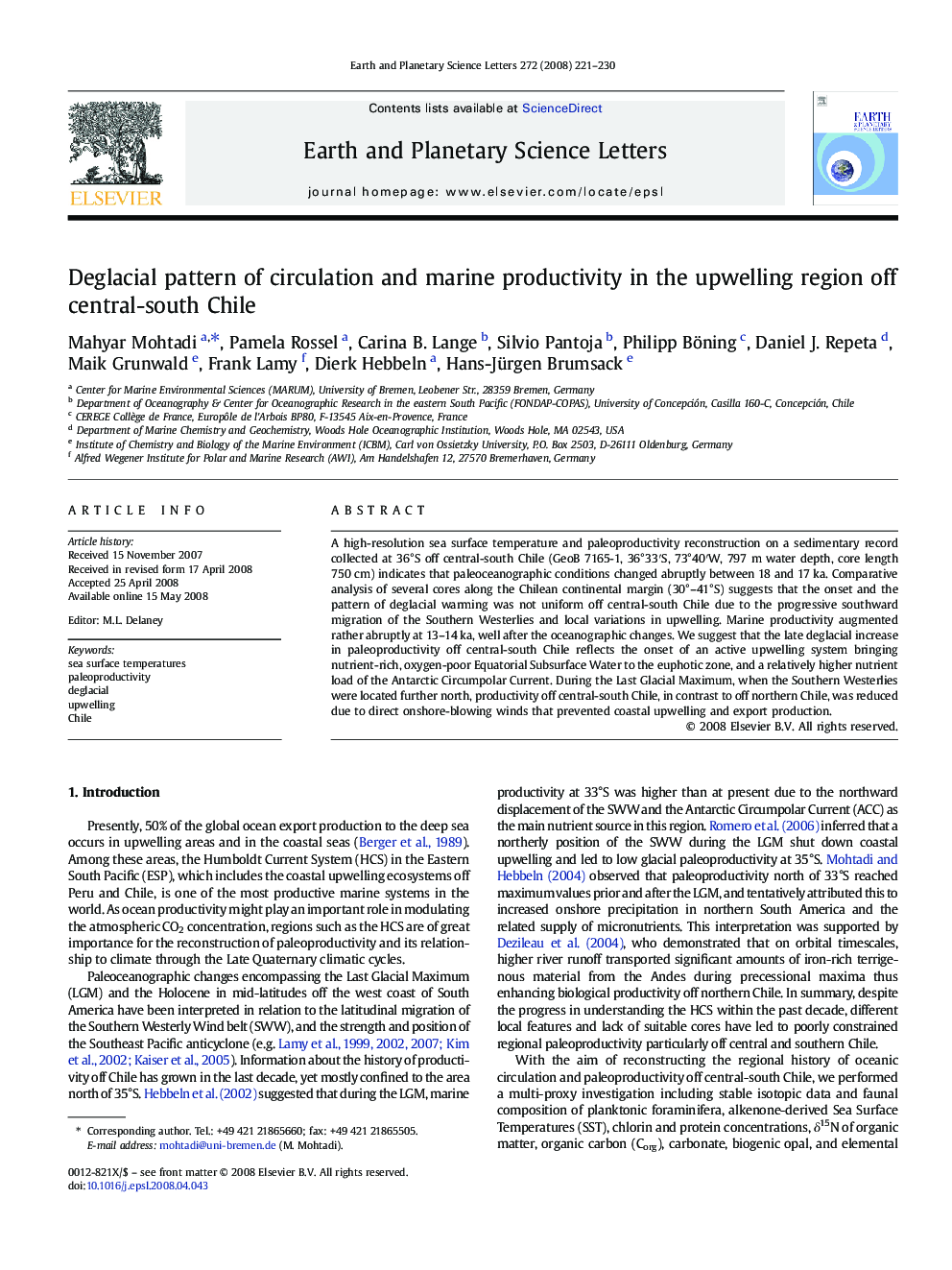 Deglacial pattern of circulation and marine productivity in the upwelling region off central-south Chile