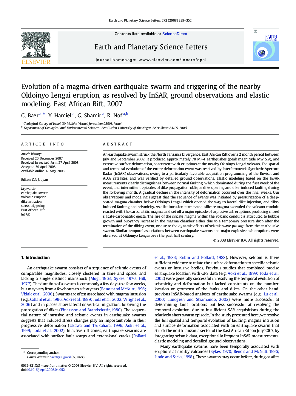 Evolution of a magma-driven earthquake swarm and triggering of the nearby Oldoinyo Lengai eruption, as resolved by InSAR, ground observations and elastic modeling, East African Rift, 2007