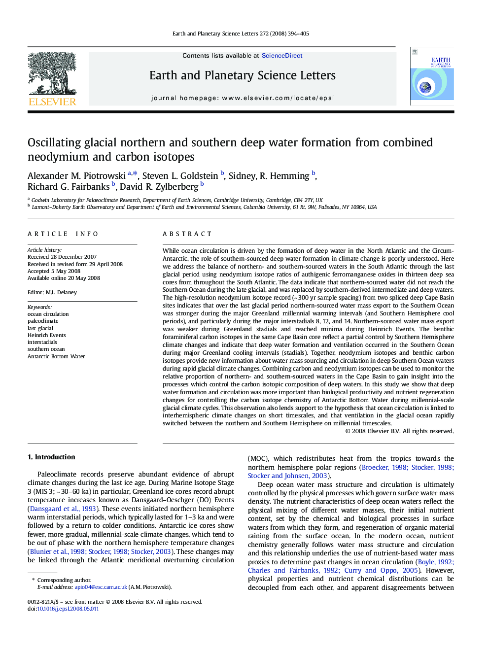 Oscillating glacial northern and southern deep water formation from combined neodymium and carbon isotopes