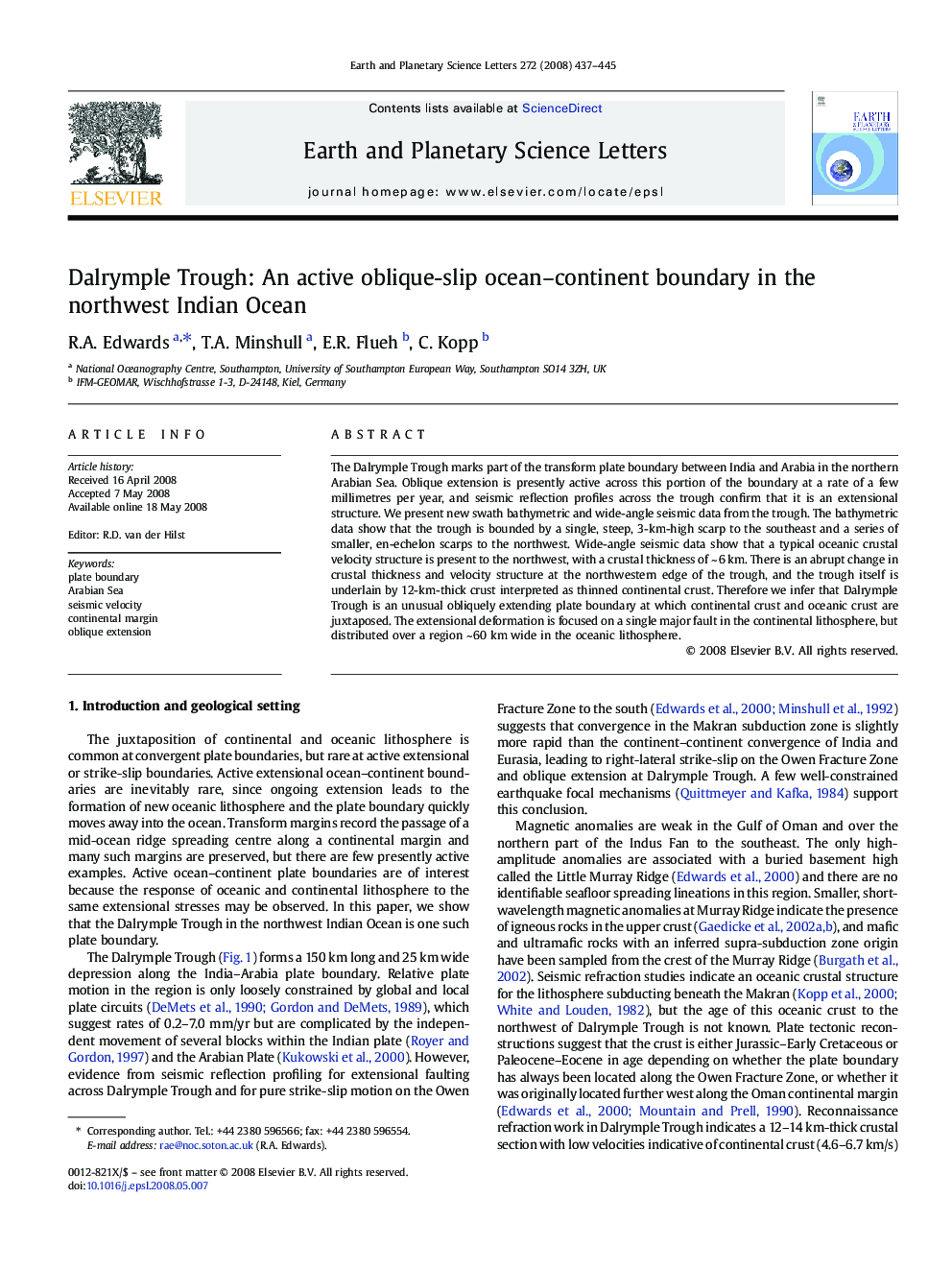 Dalrymple Trough: An active oblique-slip ocean–continent boundary in the northwest Indian Ocean