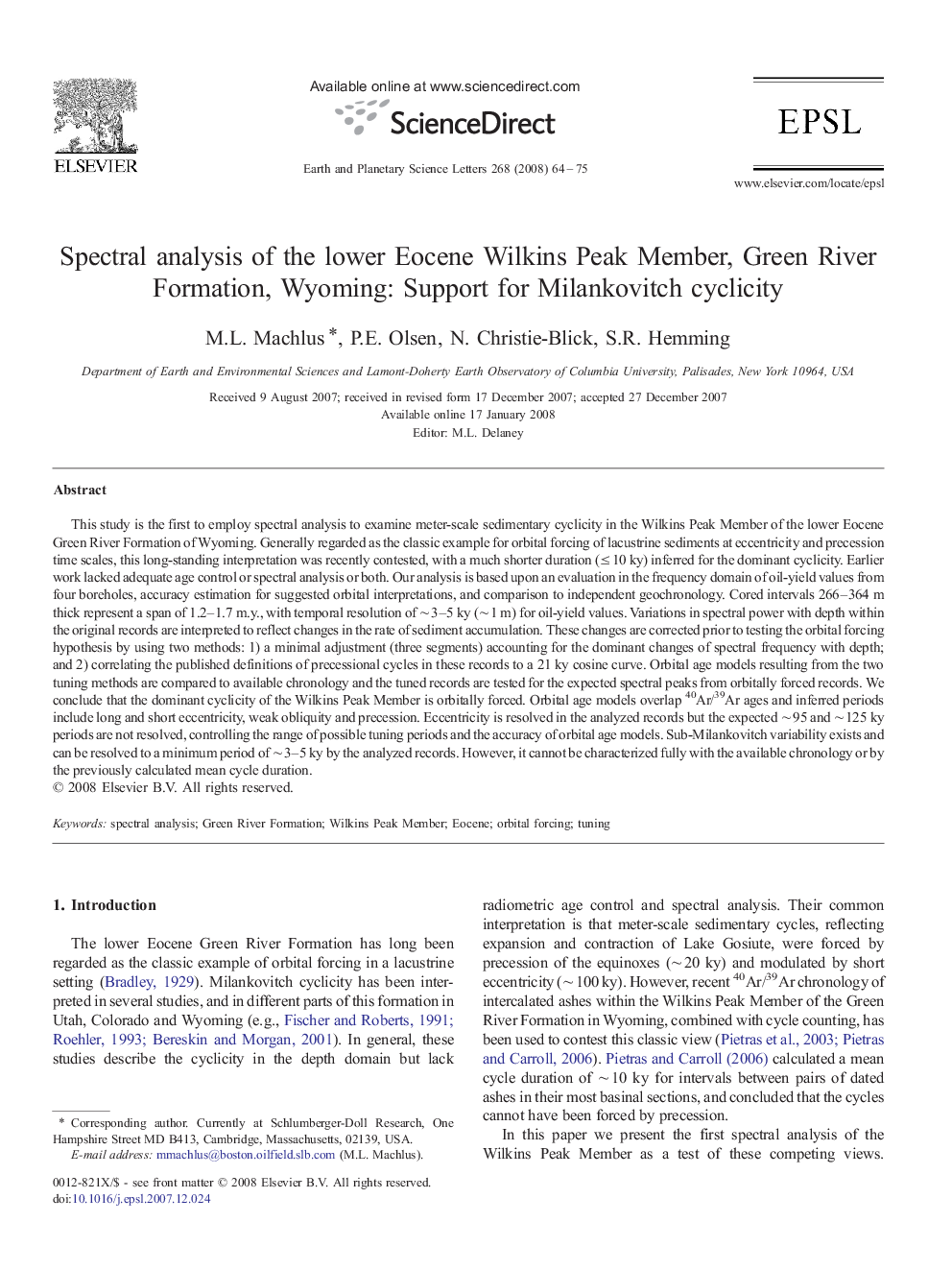 Spectral analysis of the lower Eocene Wilkins Peak Member, Green River Formation, Wyoming: Support for Milankovitch cyclicity