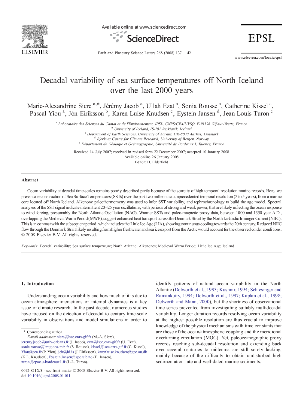 Decadal variability of sea surface temperatures off North Iceland over the last 2000 years