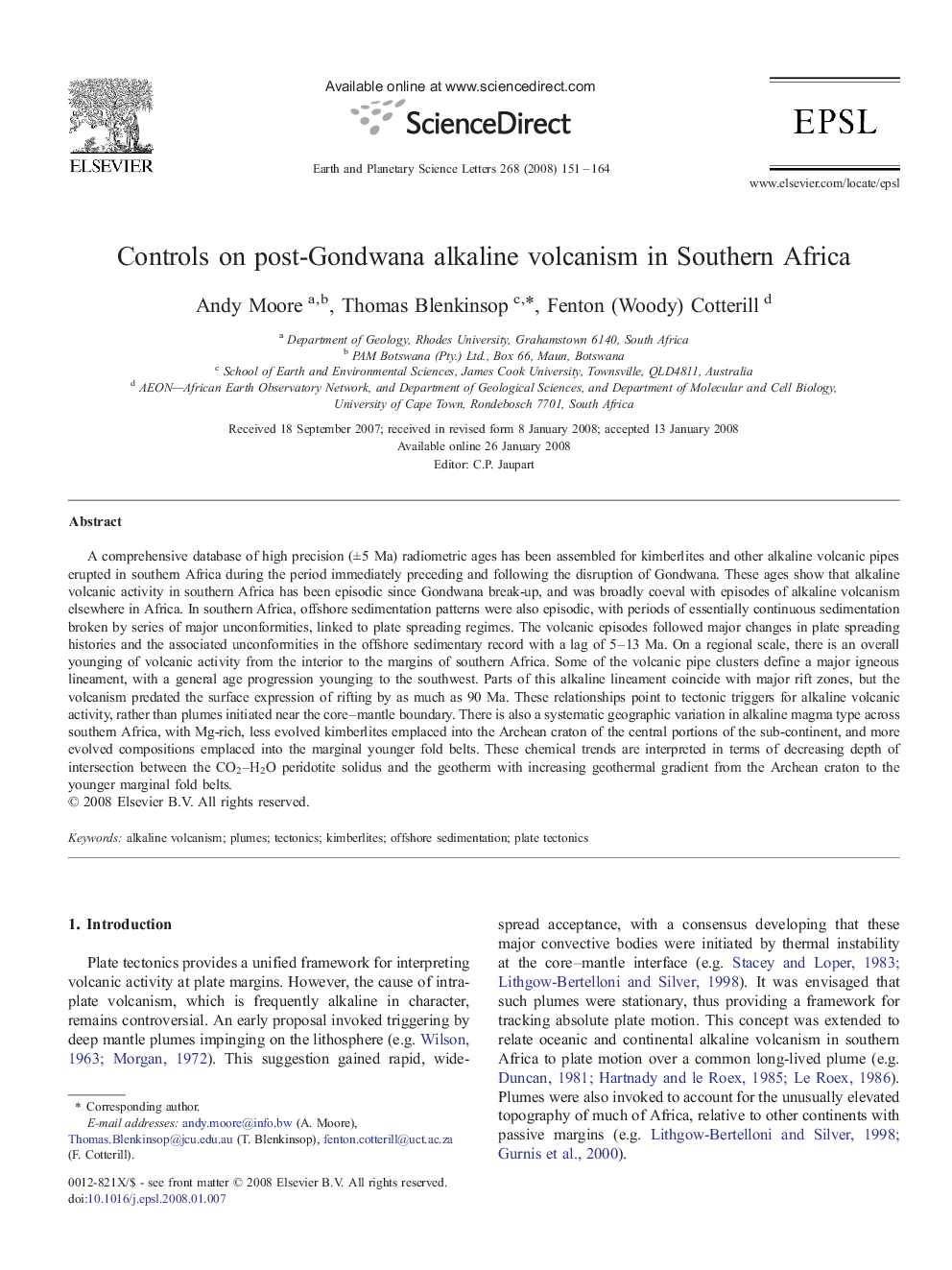 Controls on post-Gondwana alkaline volcanism in Southern Africa