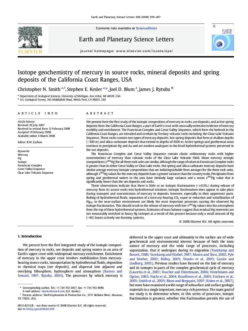 Isotope geochemistry of mercury in source rocks, mineral deposits and spring deposits of the California Coast Ranges, USA