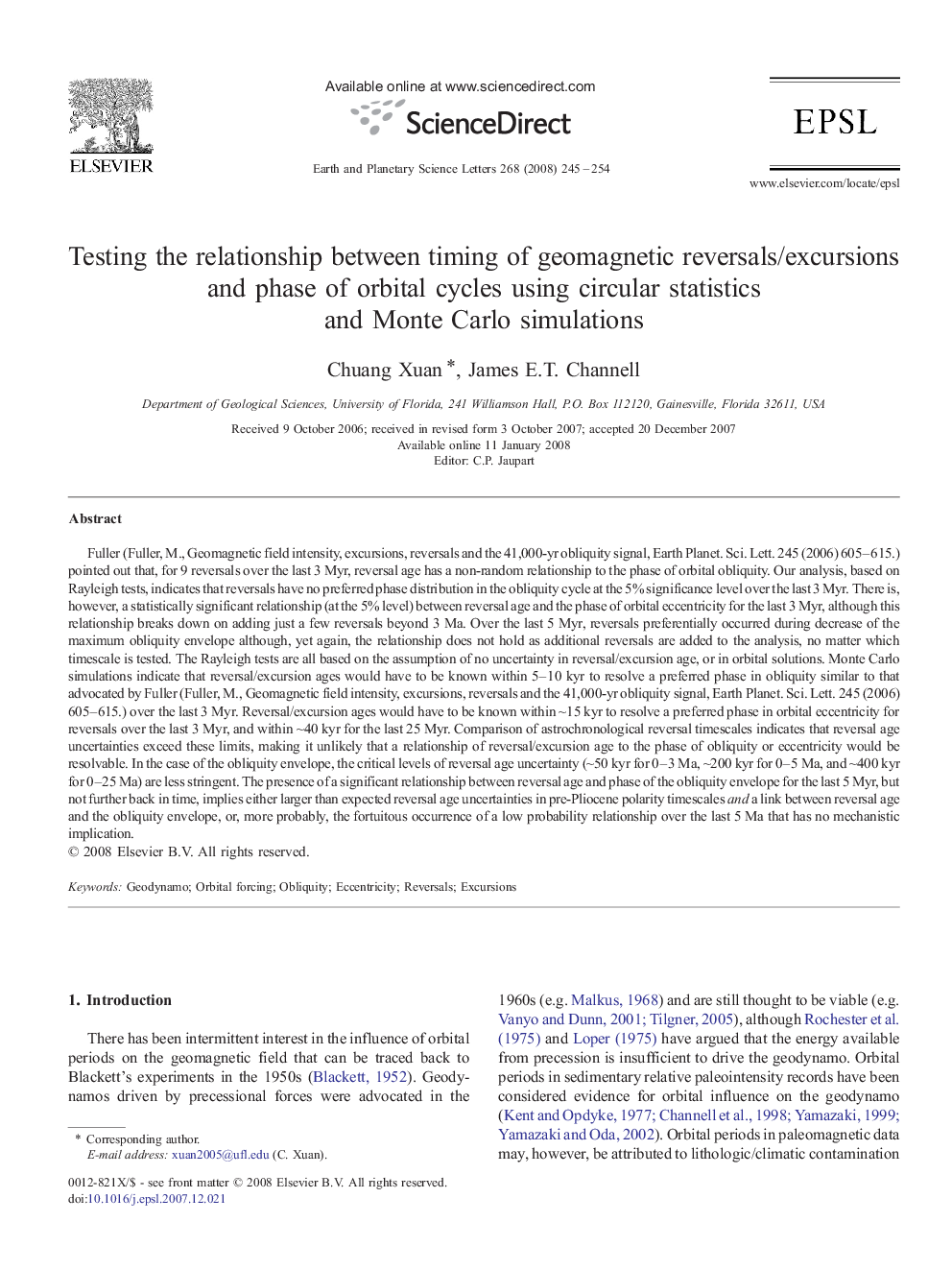 Testing the relationship between timing of geomagnetic reversals/excursions and phase of orbital cycles using circular statistics and Monte Carlo simulations