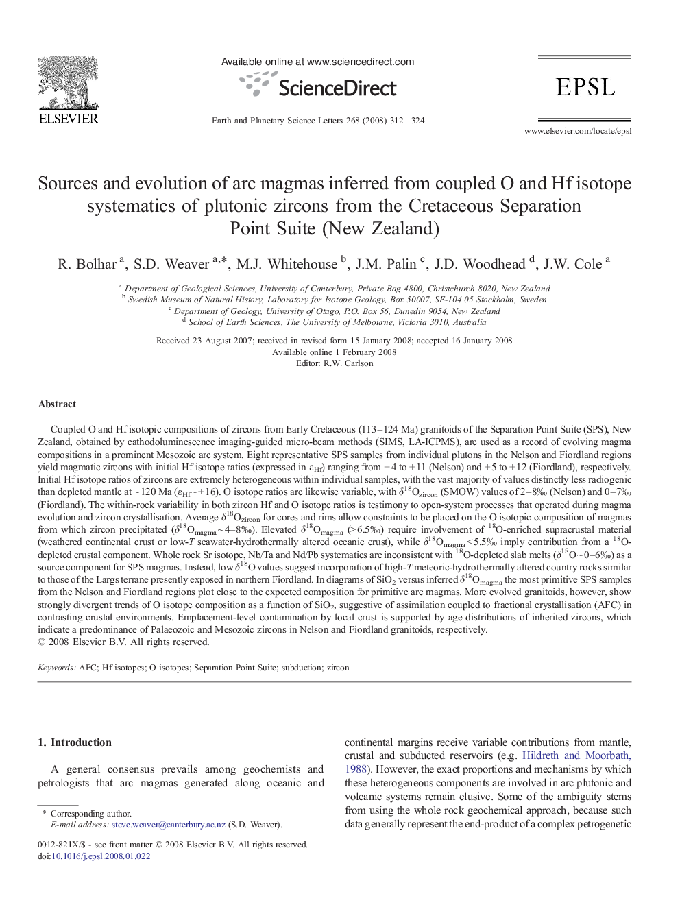 Sources and evolution of arc magmas inferred from coupled O and Hf isotope systematics of plutonic zircons from the Cretaceous Separation Point Suite (New Zealand)