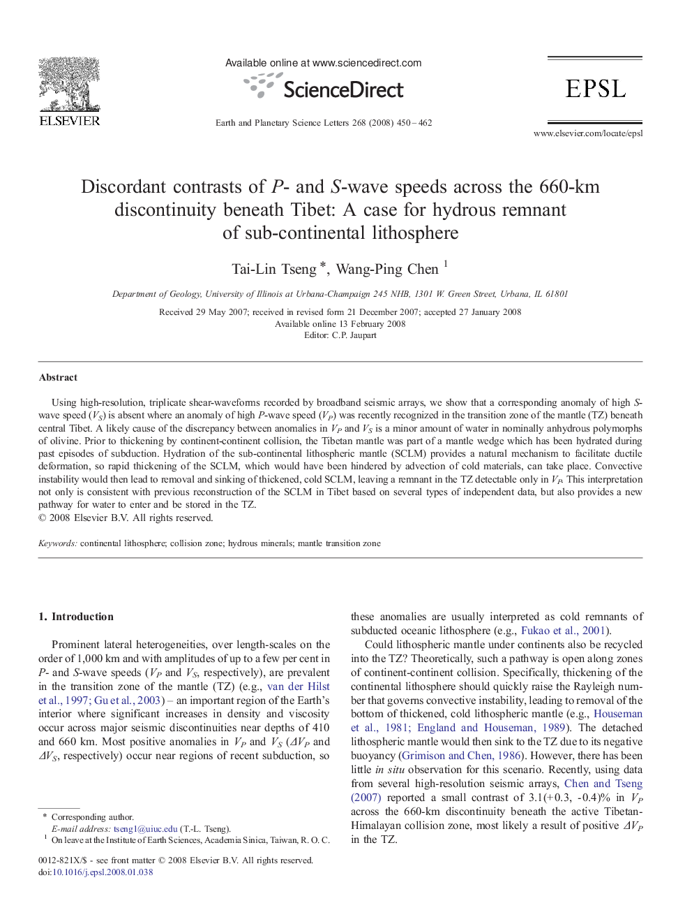 Discordant contrasts of P- and S-wave speeds across the 660-km discontinuity beneath Tibet: A case for hydrous remnant of sub-continental lithosphere