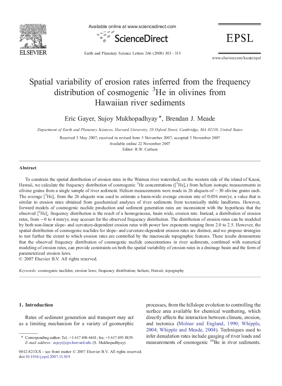 Spatial variability of erosion rates inferred from the frequency distribution of cosmogenic 3He in olivines from Hawaiian river sediments