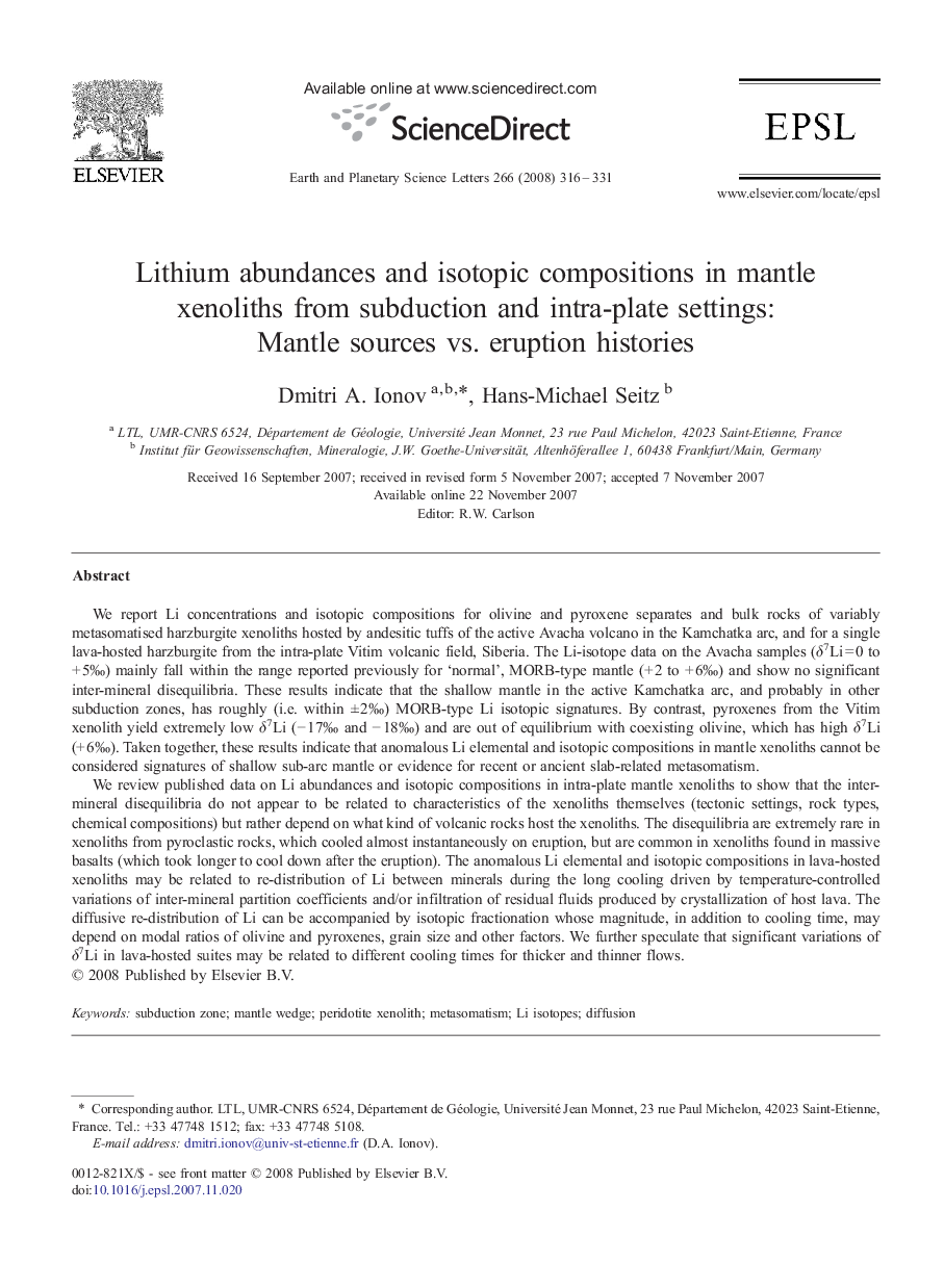 Lithium abundances and isotopic compositions in mantle xenoliths from subduction and intra-plate settings: Mantle sources vs. eruption histories