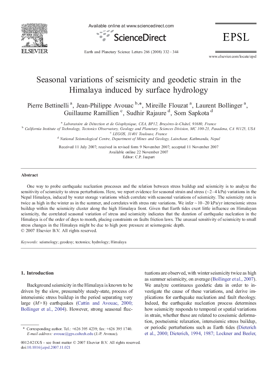 Seasonal variations of seismicity and geodetic strain in the Himalaya induced by surface hydrology