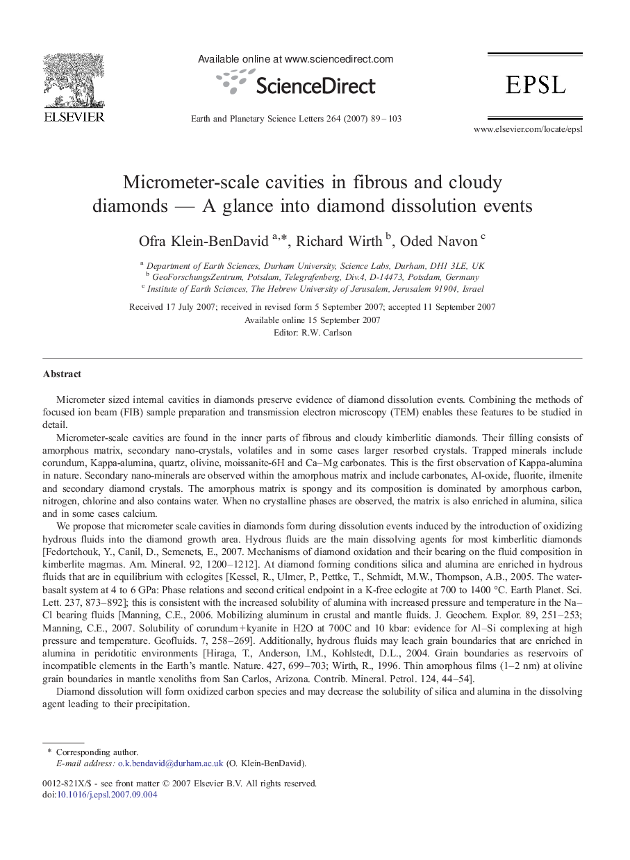 Micrometer-scale cavities in fibrous and cloudy diamonds — A glance into diamond dissolution events