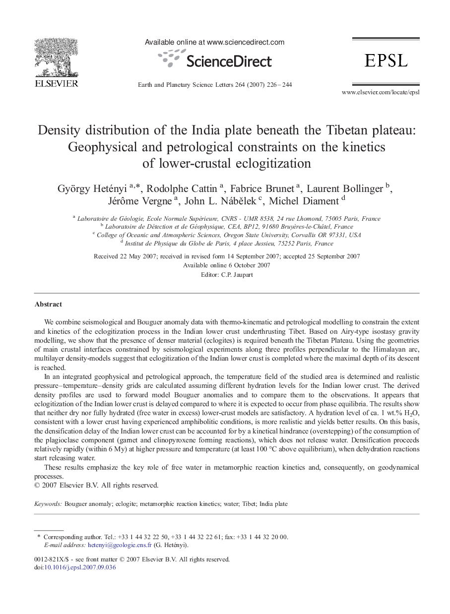 Density distribution of the India plate beneath the Tibetan plateau: Geophysical and petrological constraints on the kinetics of lower-crustal eclogitization