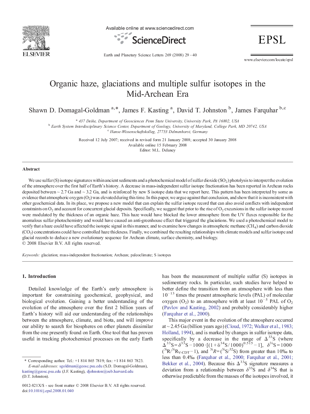 Organic haze, glaciations and multiple sulfur isotopes in the Mid-Archean Era