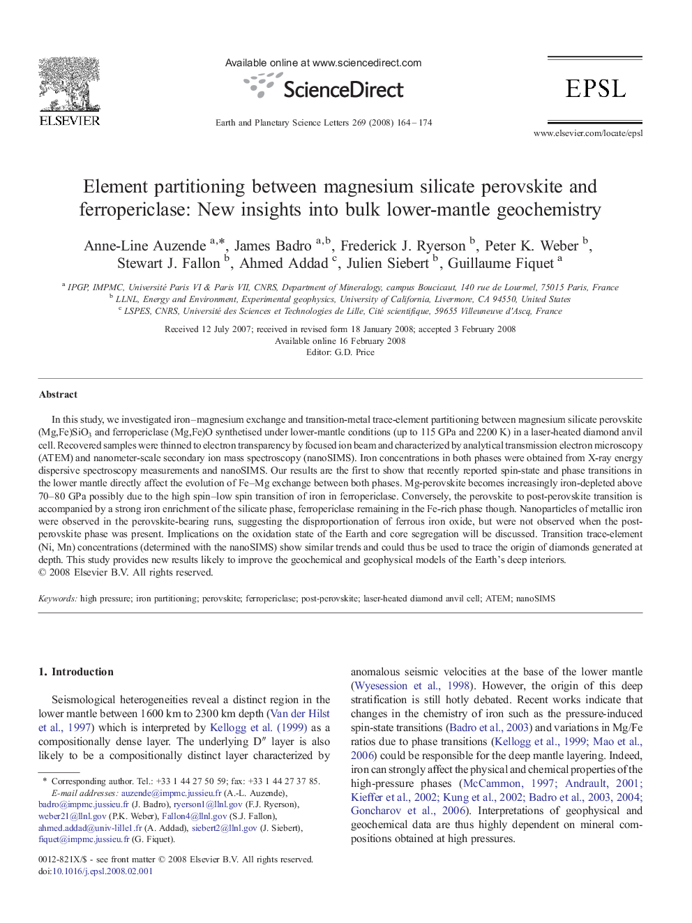 Element partitioning between magnesium silicate perovskite and ferropericlase: New insights into bulk lower-mantle geochemistry