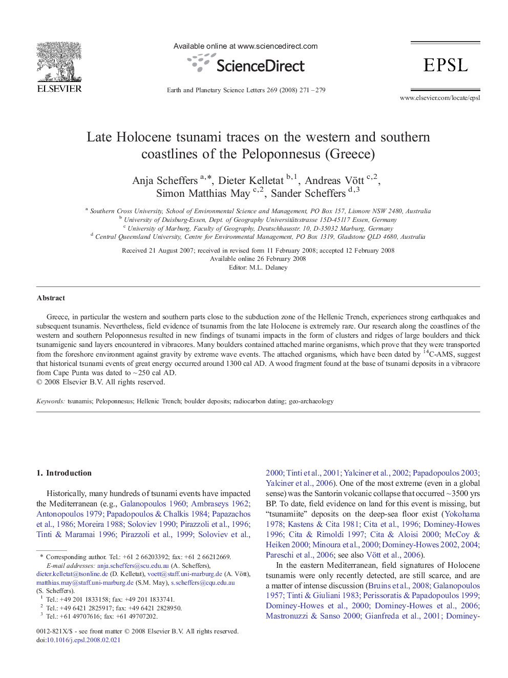 Late Holocene tsunami traces on the western and southern coastlines of the Peloponnesus (Greece)